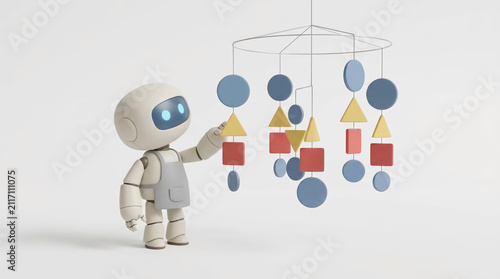 Small robot interacting with geometric shape mobile toy.