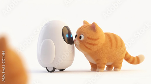 Small white robot encountering a curious orange tabby cat.
