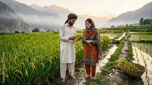 Pakistani farmers examining rice harvest in lush green terraced fields at sunset