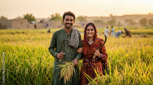 Smiling Pakistani farmers in a golden rice field at sunset holding harvesting tools