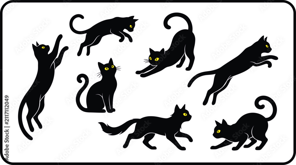 Obraz premium Elegant black panther silhouette collection featuring multiple active wildlife feline postures for spooky artistic branding designs