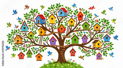 Colorful Birdhouses On A Tree Branch.