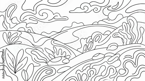 Bild auf Leinwand Abstract Organic Landscape Coloring Page with Rolling Hills, Swirling Clouds and