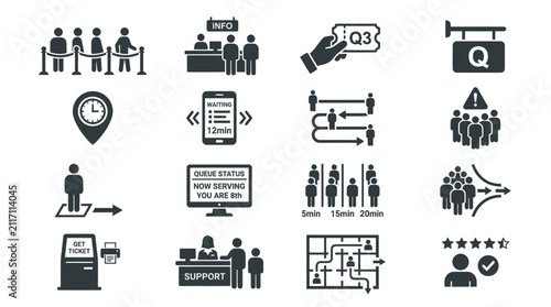 Service queue tracking icons for monitoring wait times and customer reception.