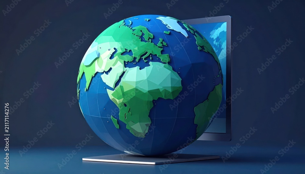 Fototapeta premium Low-poly 3D Earth globe with green continents and blue oceans paired with a digital tablet on a blue background symbolizing global technology.