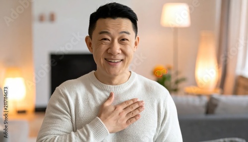 Happy Asian man in a cream sweater smiling broadly with his hand over his heart expressing sincerity or gratitude in a warm home environment.