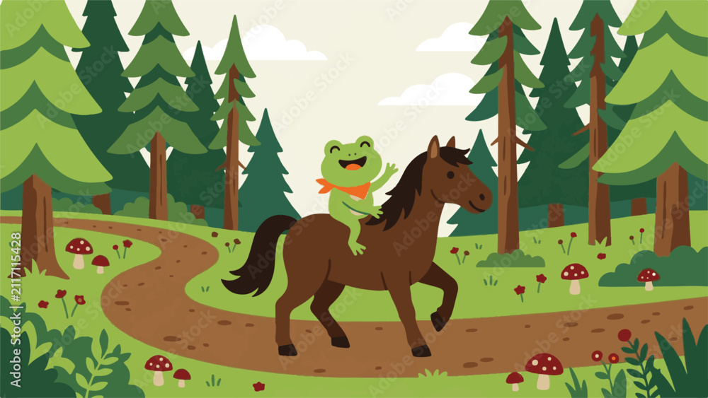 Naklejka premium Frog rides a horse through a lush green forest path surrounded by tall pine trees and mushrooms.