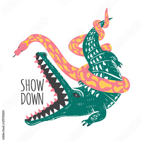 Alligator Versus Snake T-Shirt Design Illustration