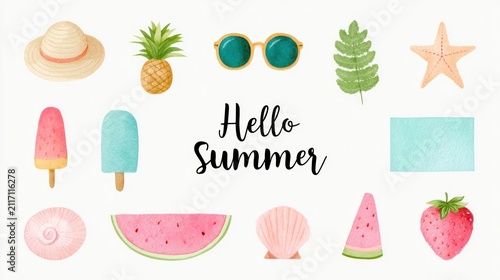 Hello Summer Collection: A vibrant watercolor collection of summer icons including sunglasses, pineapple, strawberry, watermelon, popsicle, starfish, seashells, hat, and palm leaf.