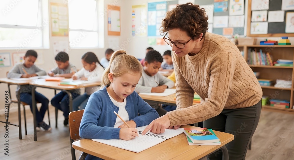 Fototapeta premium Female teacher helping elementary school girl with classwork in classroom - Primary education concept - Horizontal banner