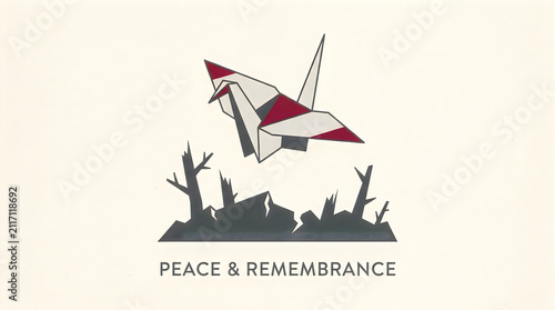 Origami paper crane symbol. Peace and remembrance concept with minimalist graphic design.