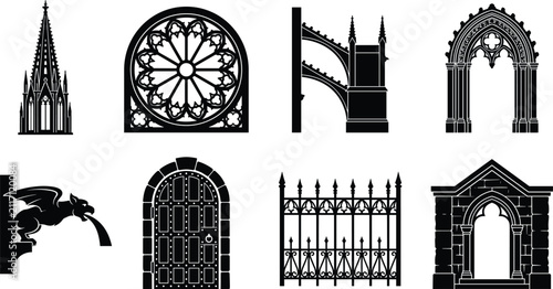 Gothic Architecture Elements Vector Silhouettes Set with Spire Rose Window Arch and Gargoyle