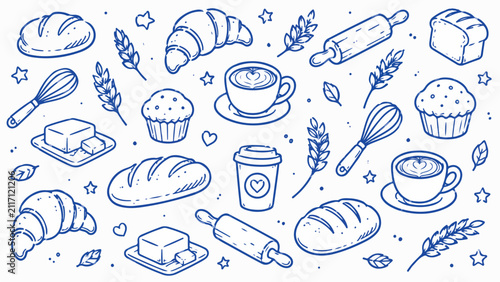Hand drawn bakery doodle vector set, blue line art bread and pastry collection, breakfast cafe icons with coffee and croissants isolated PNG with Transparent Background