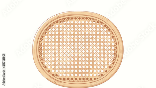 Top-down view of a round woven bamboo steamer tray with intricate diamond lattice pattern and natural wood