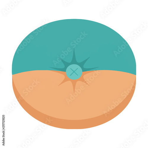 Turquoise and orange circular plush cushion with a center button isolated on white background minimalist furniture design