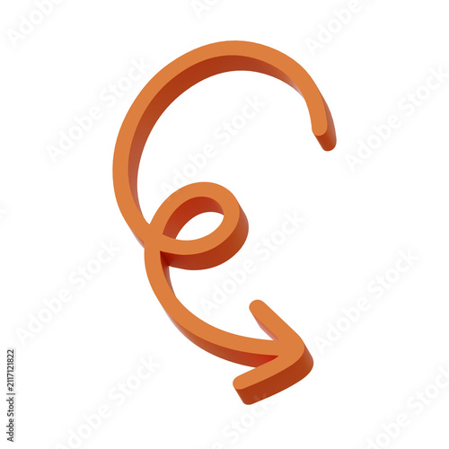 3D illustration orange glossy curly loop spiral arrow ornate fancy descend fall drop flow transparent background