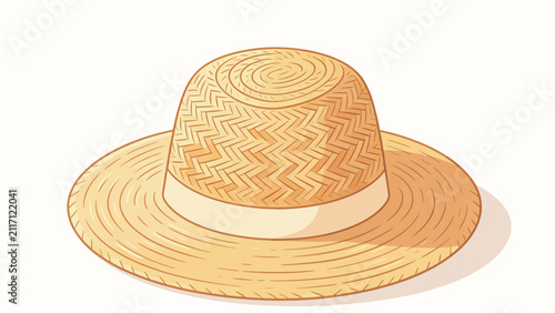Illustration of a classic woven straw hat with wide brim, beige and golden tones