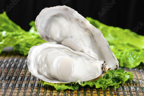 Canvas Print Fresh Raw Oysters with Lettuce on Bamboo Mat - Delicious Seafood Studio Photogra