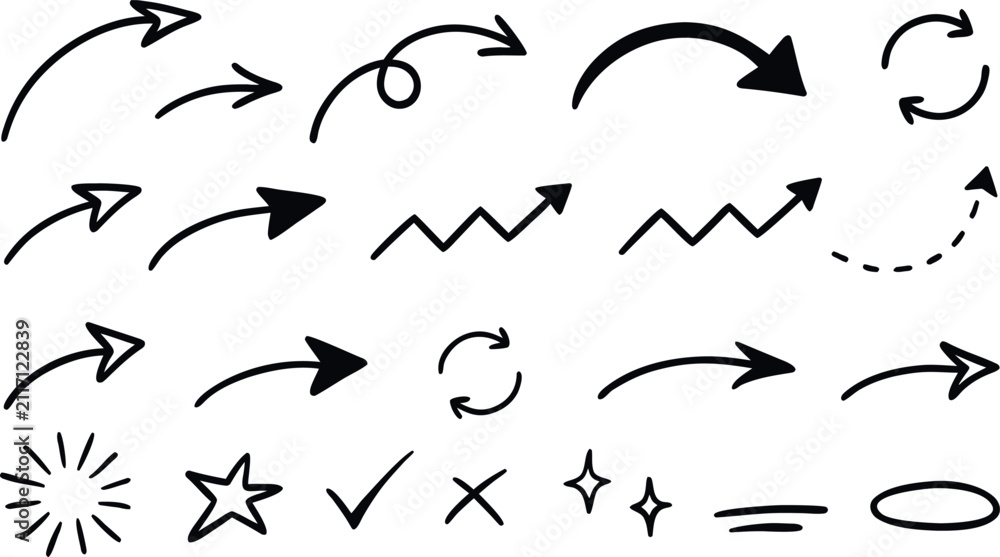 Fototapeta premium Hand drawn arrows and doodle elements set, collection of sketch style arrow icons