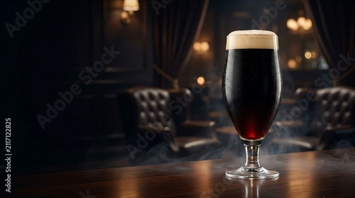 Glass of dark Irish stout beer. Cold craft ale served in a pub bar setting.