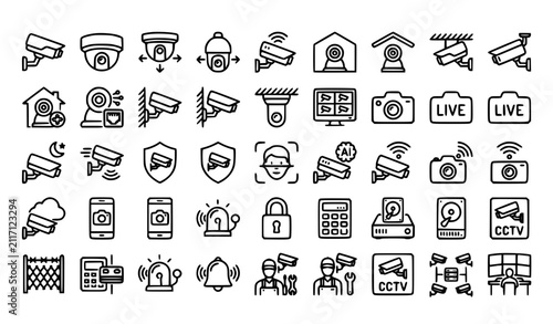 Editable CCTV Security Camera Line Icon Pack with Surveillance Alarm Monitoring and Protection Symbols Vector