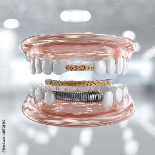 3D dental implant model showing titanium screw and prosthetic crown construction in clinical laboratory
