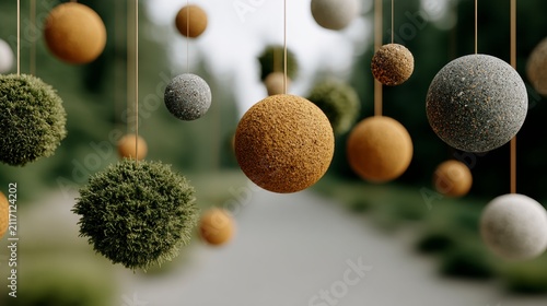 Abstract suspended decorative spheres in earthy and green tones hanging in blurred nature park setting for architectural visualization