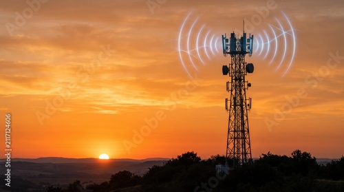 Telecommunication tower silhouette at sunset, wireless signal waves transmission, mobile network connectivity, 5G technology infrastructure, radio antenna, telephony mast