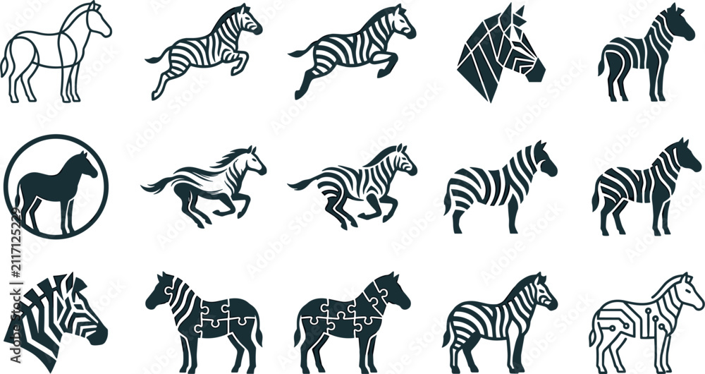 Obraz premium Zebra Silhouette Icon Set Featuring Running Animals Geometric Origami Heads Circular Badges Puzzle Pieces and Digital Circuit Textures for Creative Logo Designs