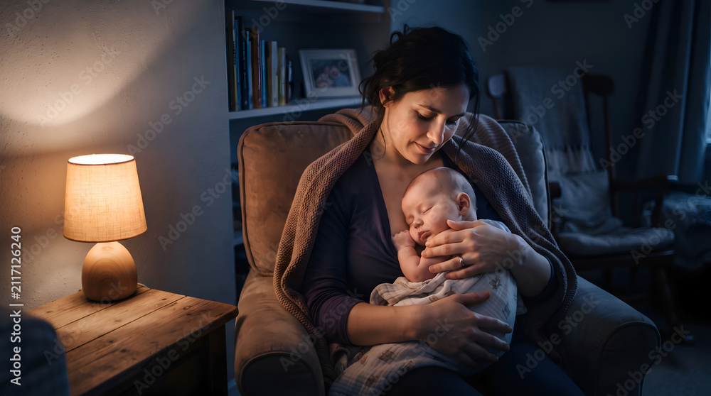 Fototapeta premium Tired Mother Holding Sleeping Baby in Cozy Armchair During Nighttime Breastfeeding Session
