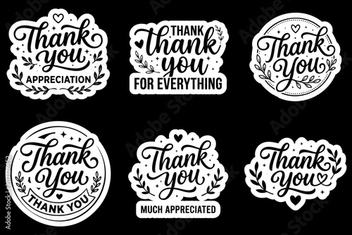 Set of thank you calligraphy labels on black background