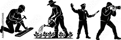 Silhouette set of carpenter, gardener, police, camera