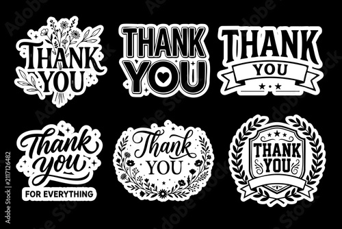 Set of six decorative thank you stickers and badges