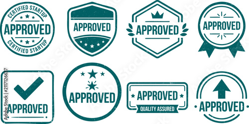 Teal rubber stamp collection with approved startup seals