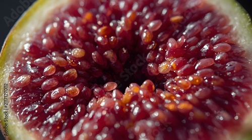 Macro close-up view of a fresh cut ripe fig showing detailed internal red pulp and tiny seeds