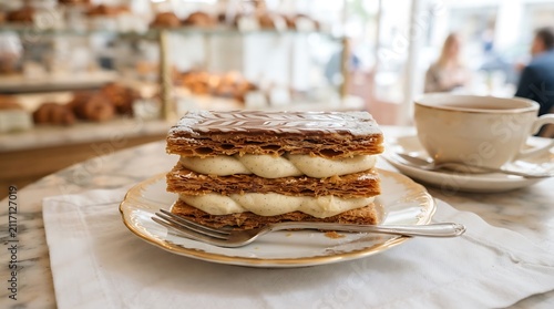 A delicious millefeuille pastry served on a plate with a cup of tea