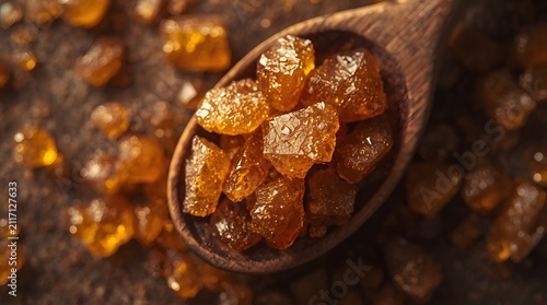 Overhead cinematic photo of golden brown rock sugar crystals piled in a rustic wooden spoon