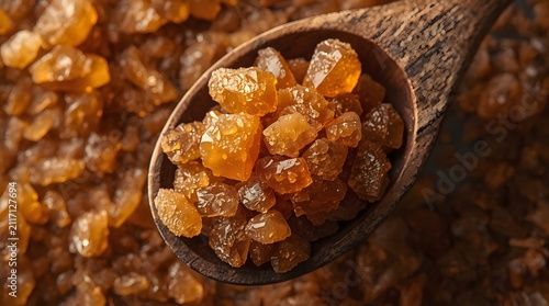 Close Up View of Organic Brown Rock Sugar Crystals in a Wooden Spoon