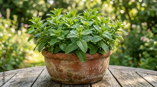 Fresh green mint plant growing in a clay pot on a wooden table in a sunny garden. fast growing herbs