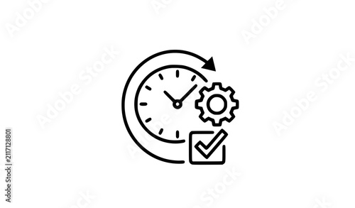 Clock with gears and check mark icon representing efficient time management efficiency productivity planning schedule business workflow deadline completion