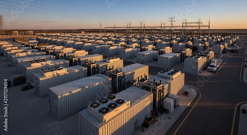 Large scale battery energy storage system at sunset, rows of containers on concrete pad