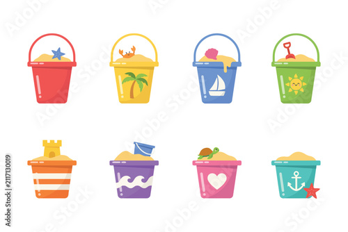 Obraz na plátně Summer beach sand buckets and pails with toys in flat style for seaside vacation