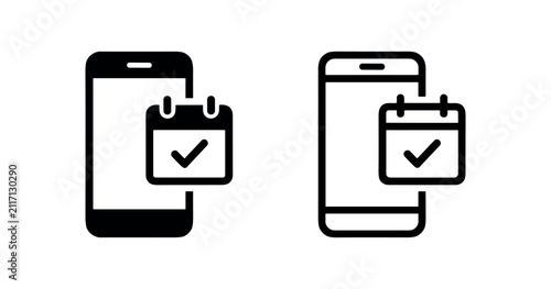 Mobile phone calendar with checkmark icon set, event scheduling and task completion symbol