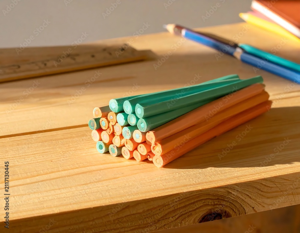 Obraz premium Stack of Green and Orange Pencils on a Wooden Desk.