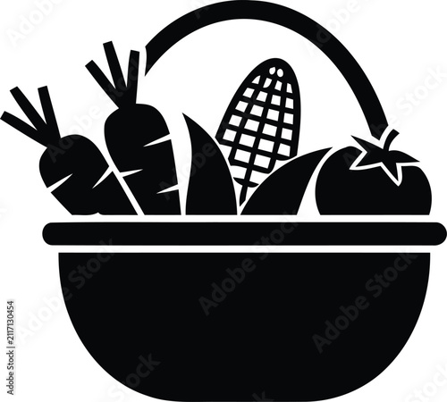 A simple black and white vector icon of a basket filled with fresh farm harvest vegetables silhouette