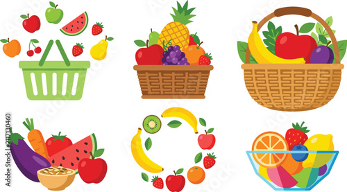 Fresh fruit and vegetable baskets vector set featuring organic produce in bowls shopping bags and round frames