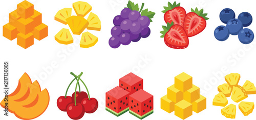 Fresh fruit pieces vector collection with mango cubes pineapple slices grapes strawberries blueberries cherries and watermelon