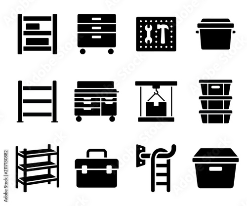 Garage Or Workshop Storage Icons: A collection of glyphs representing various storage solutions including shelves, drawers, tool organizers, and containers, perfect for industrial or DIY projects