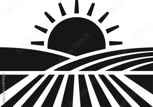 A minimalist black and white graphic design featuring a sunrise over rolling agricultural farm fields in silhouette