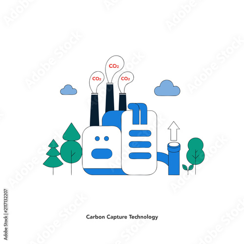 Carbon Capture Technology for Industrial Carbon Dioxide Removal and Climate Change Mitigation Flat Vector Illustration